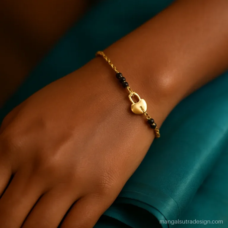 Mangalsutra bracelet design with a tiny heart padlock charm on a gold chain