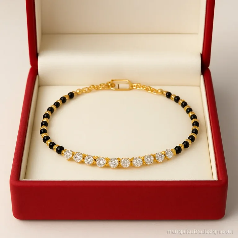 Gold mangalsutra bracelet in tennis style with diamonds and black beads alternating