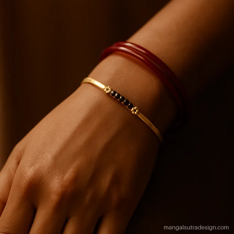 Gold kada style mangalsutra bracelet with a row of black beads across the front