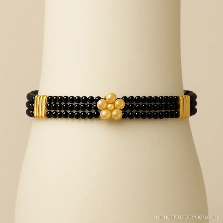 Bracelet mangalsutra with three thin bead rows joined by gold caps