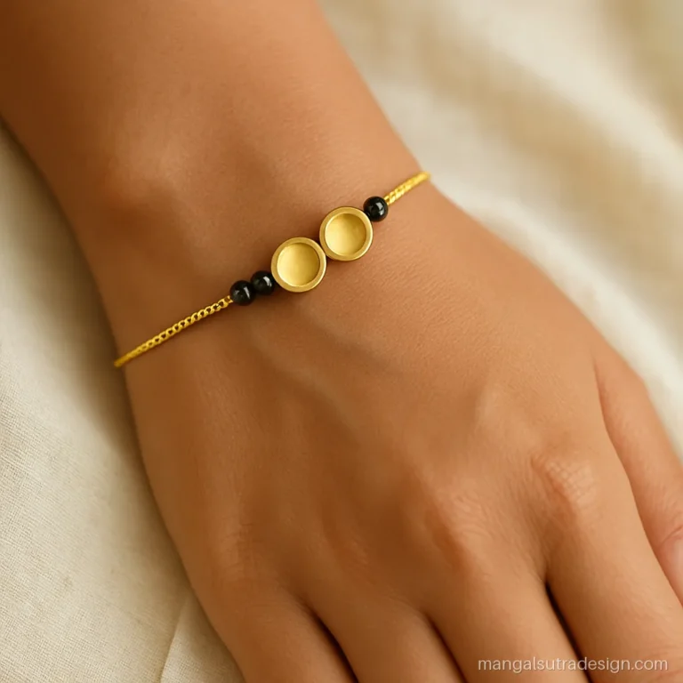 Gold mangalsutra bracelet with a mini twin vati on a fine chain at the wrist