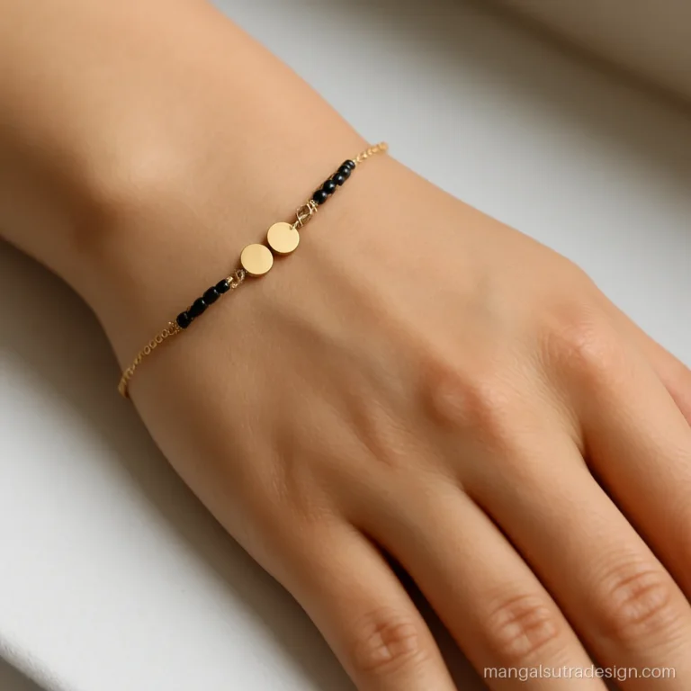 Couple name mangalsutra bracelet with two small blank gold tags on a bead chain