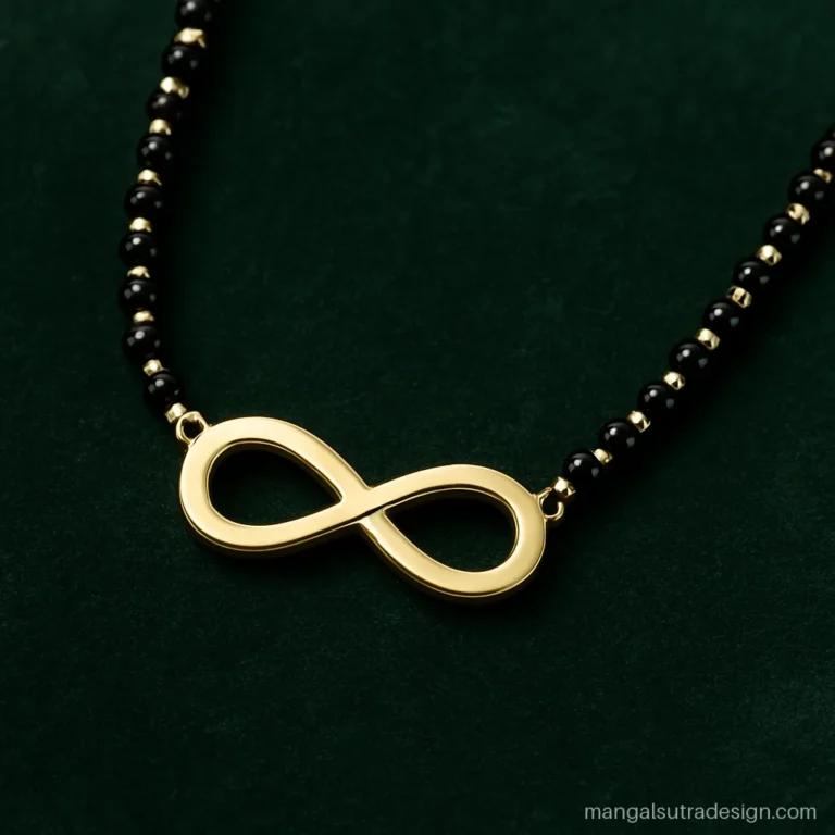 Husband wife name mangalsutra with an infinity pendant made of two flat blank loops