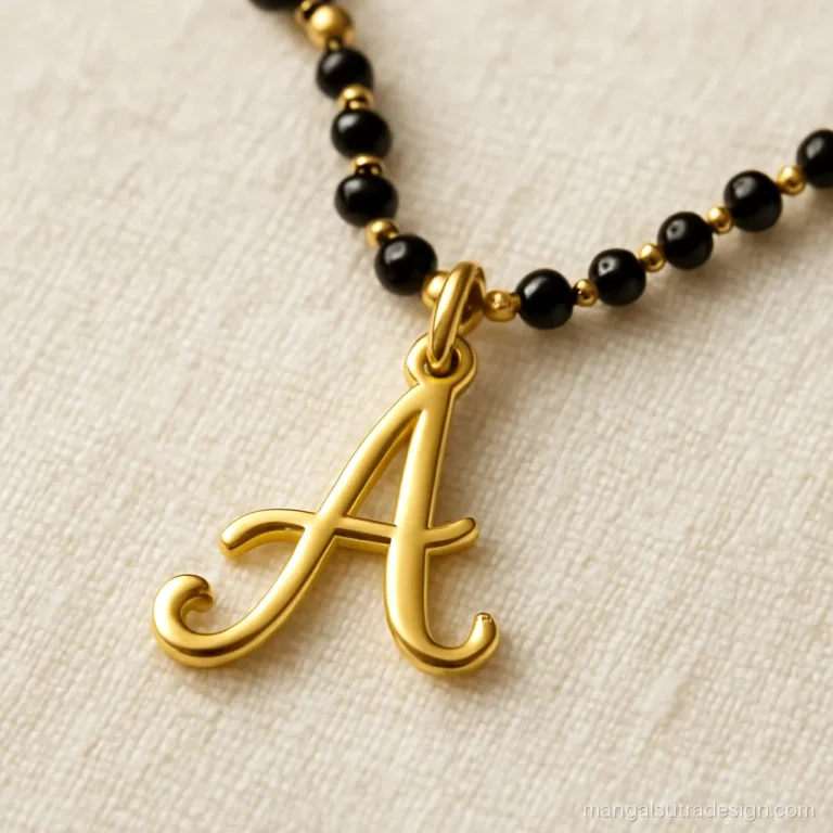 Letter name mangalsutra design with a single cursive initial A in gold on black beads