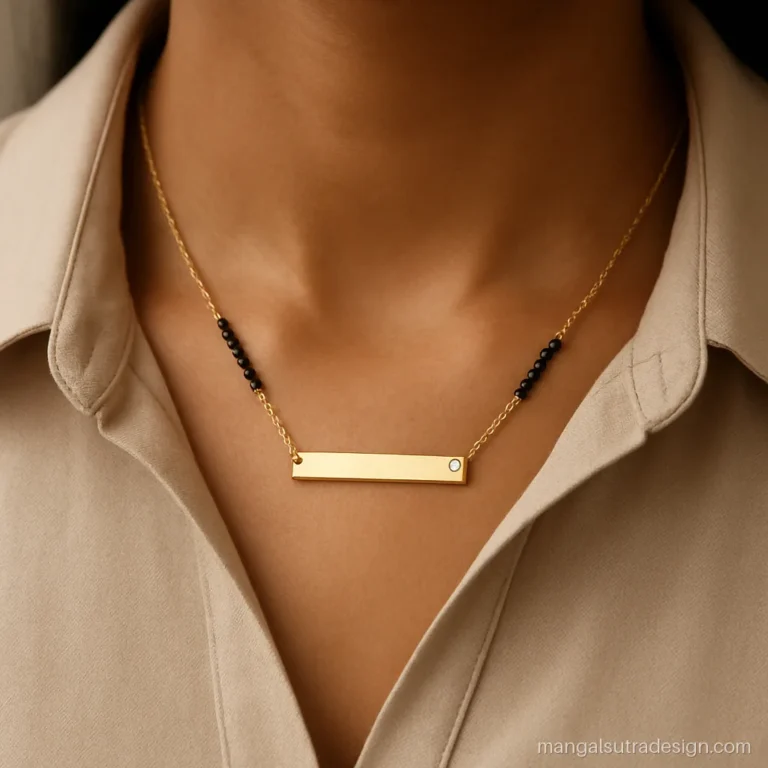 Stylish husband name mangalsutra with a long blank gold bar and a diamond at one end
