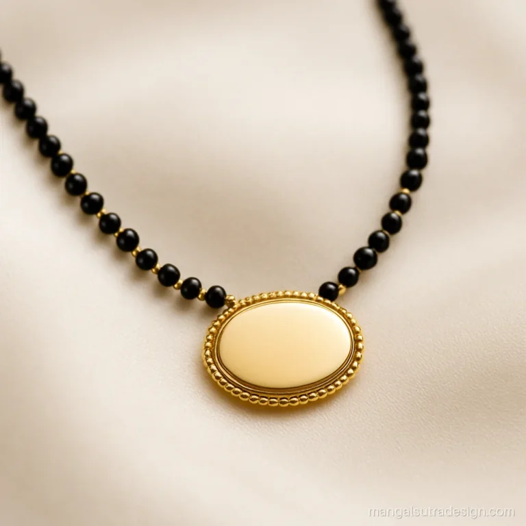 Name mangalsutra design with a blank oval gold nameplate on a short black bead strand