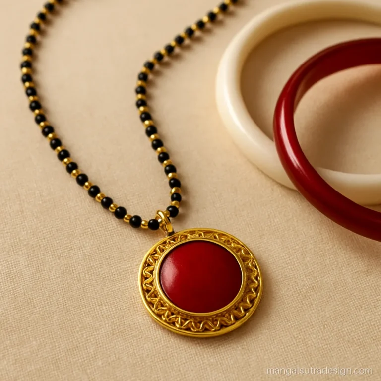 Bengali red mangalsutra with red enamel pendant beside shakha and pola bangles