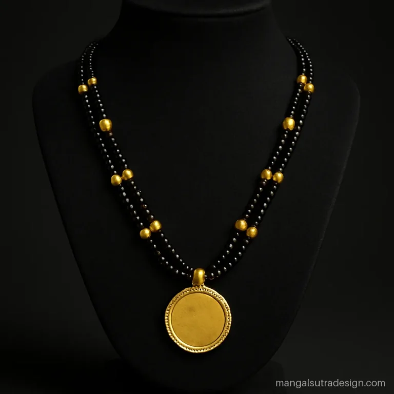 Garhwali mangalsutra with a round gold coin pendant and big gold beads on black strands
