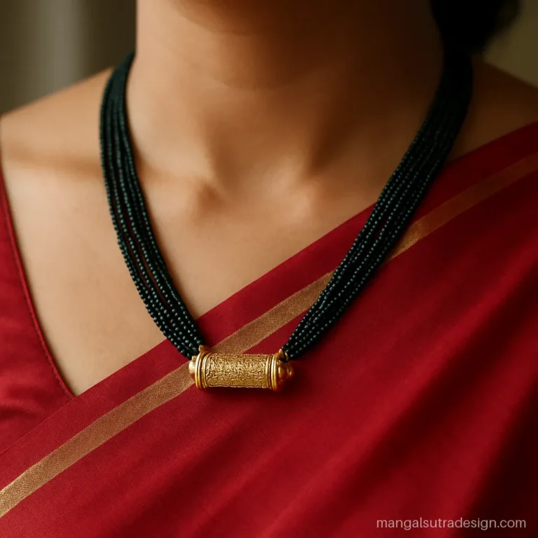 Green pote Nepali mangalsutra with a gold tilhari worn with a red saree