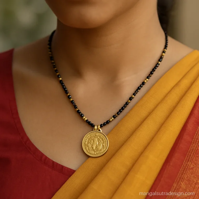 Kumaoni mangalsutra worn with a yellow and red pichhaura dupatta over the shoulder