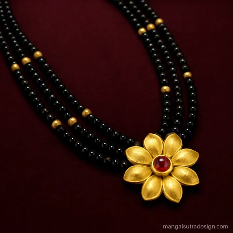 Pahadi mangalsutra design with long black bead strands and a large gold flower pendant