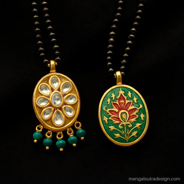Rajasthani mangalsutra design with a kundan pendant and green meenakari back