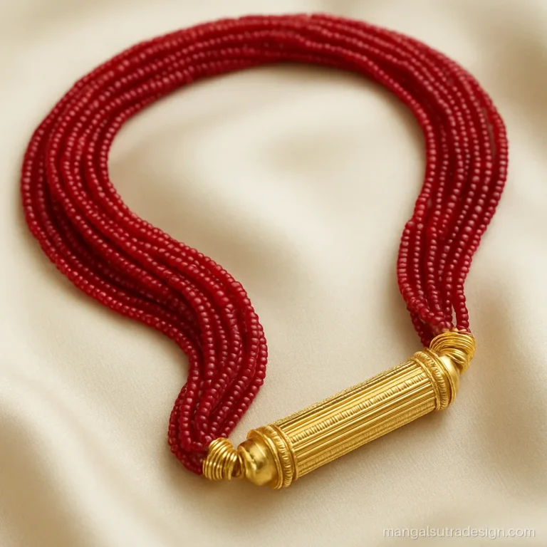 Red Nepali mangalsutra design with long gold tilhari on many strands of red pote