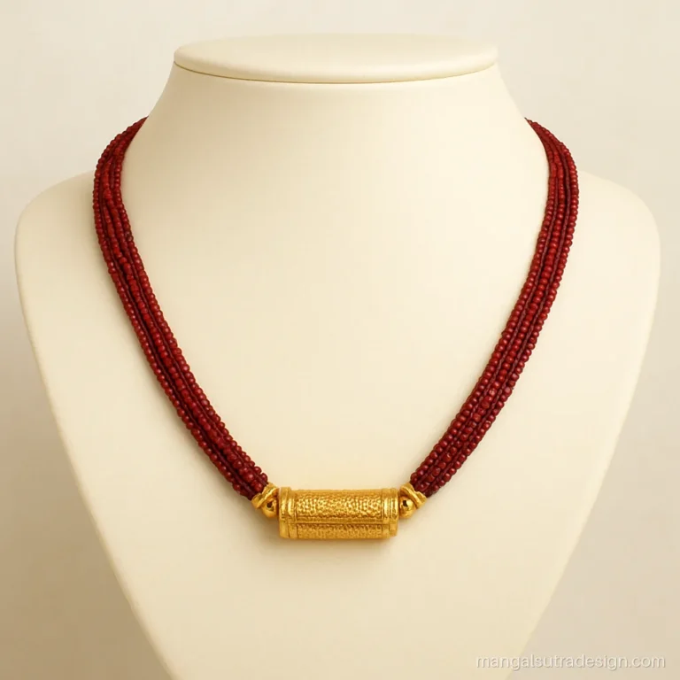Short Nepali mangalsutra with a mini gold tilhari on a slim red pote strand