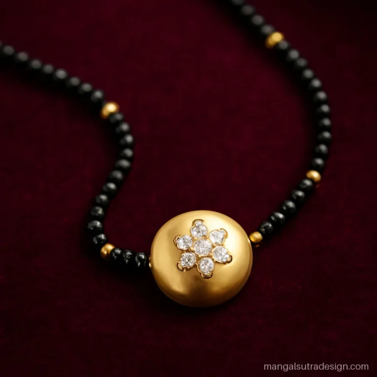 Gold mangalsutra pendant with a diamond flower set on a single vati bowl