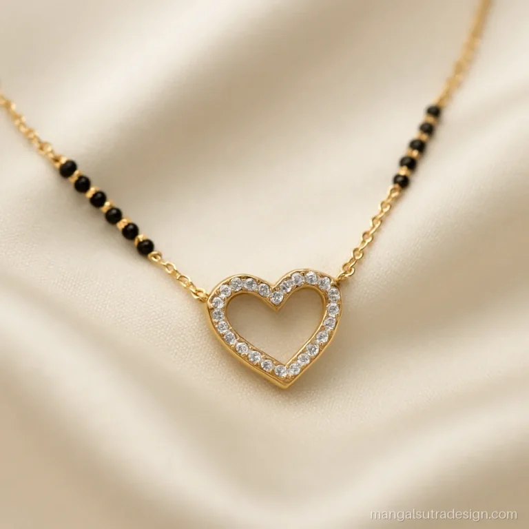 Gold mangalsutra pendant with a pave diamond heart outline