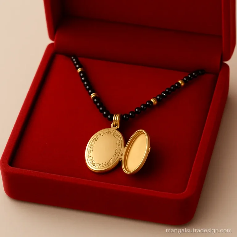 Gold mangalsutra locket design with a hinged oval locket that opens for a photo