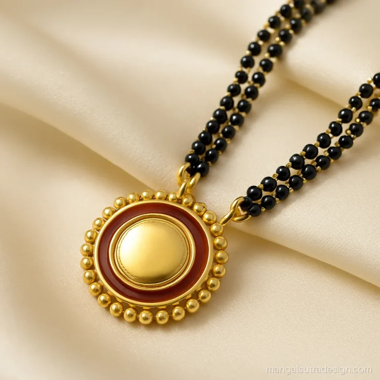 Round mangalsutra pendant in gold with a red enamel ring and gold bead border
