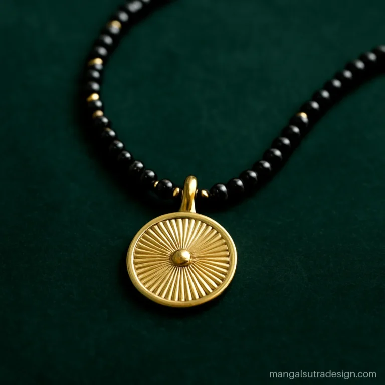Gold mangalsutra pendant shaped as a coin with sunburst rays from the centre
