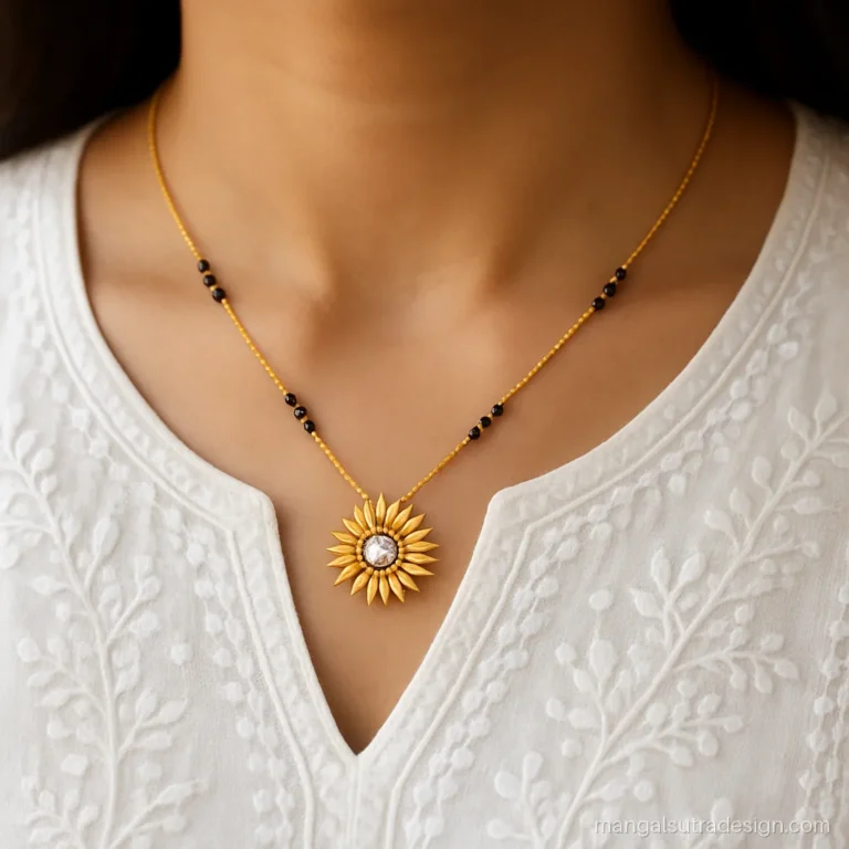 Mangalsutra pendant gold design with a sunflower and a cubic zirconia centre