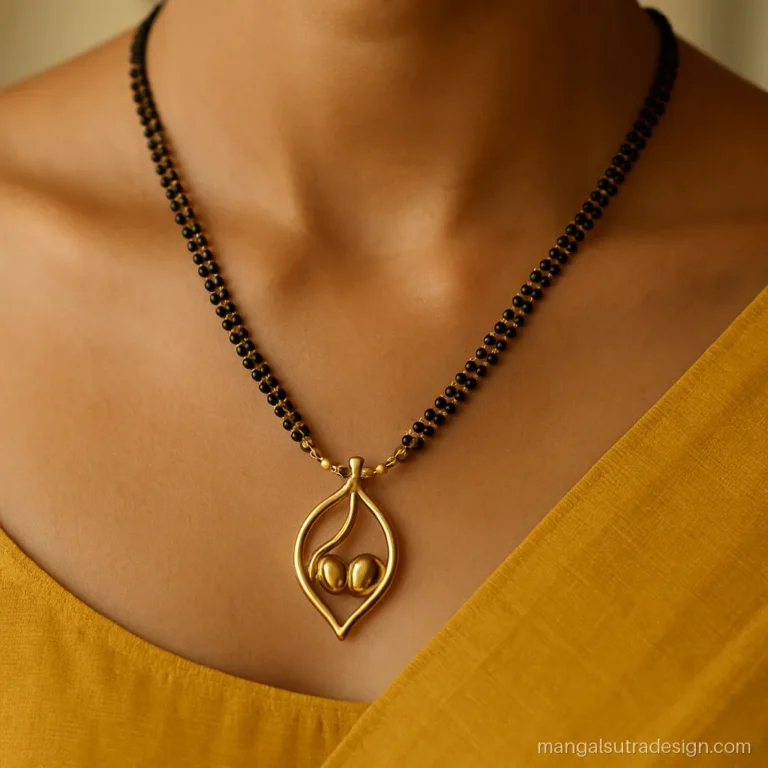 New gold mangalsutra locket design with vati bowls inside a mango leaf frame