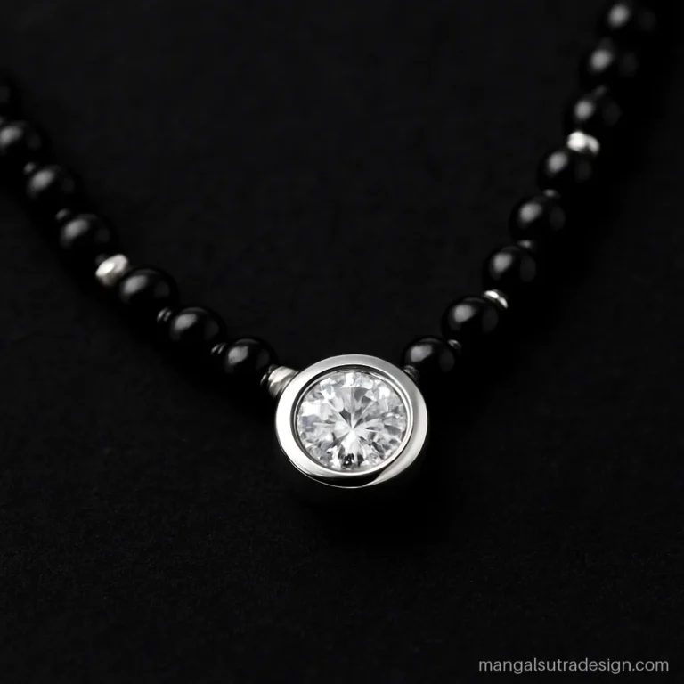 Diamond mangalsutra with a single small solitaire in a round bezel on black beads