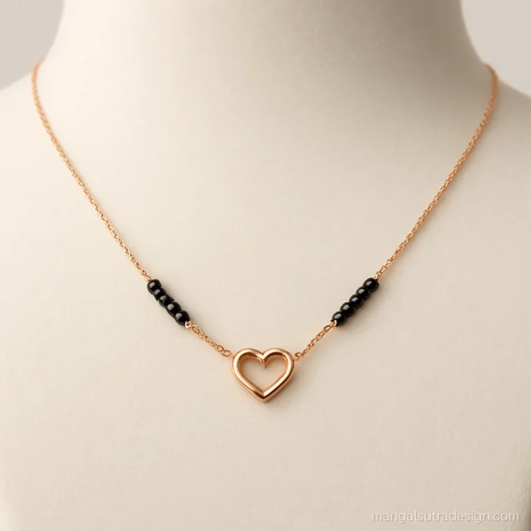 Light weight modern mangalsutra with a rose gold heart outline on a black bead chain