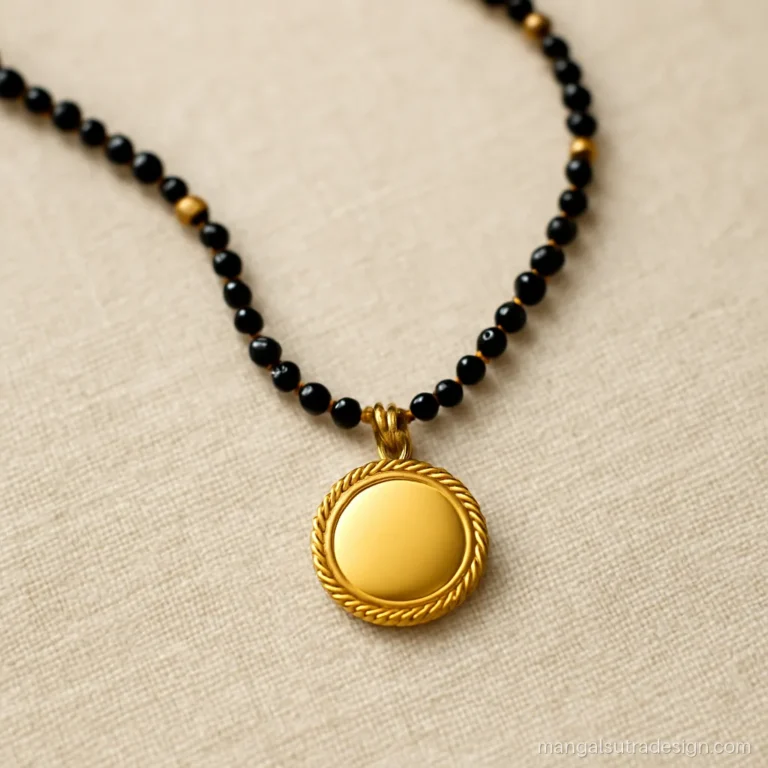 Light weight mangalsutra with a tiny round gold coin pendant on single black beads
