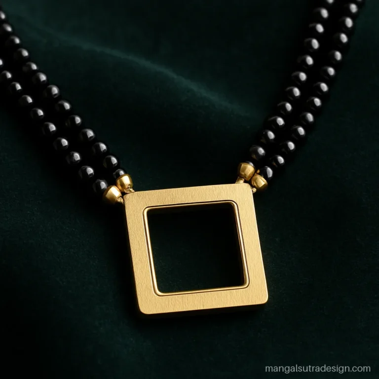 Short gold mangalsutra with an open square frame pendant and double black bead line