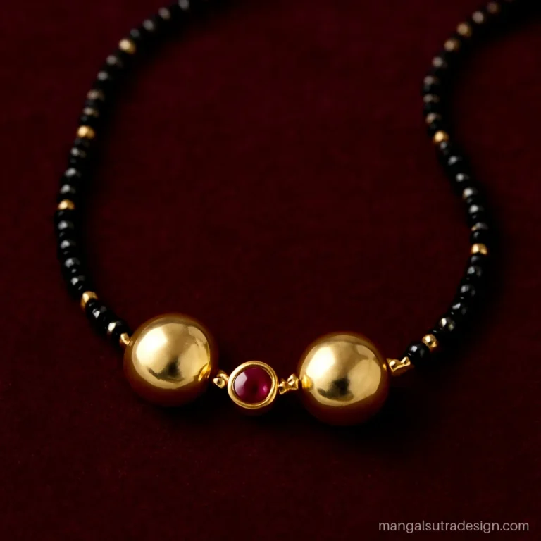 Fancy short gold mangalsutra with twin vati cups and a small ruby centre on black beads