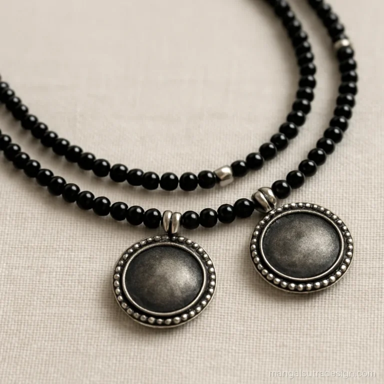 Chandi ka mangalsutra with oxidised silver vati pendant and black bead strand