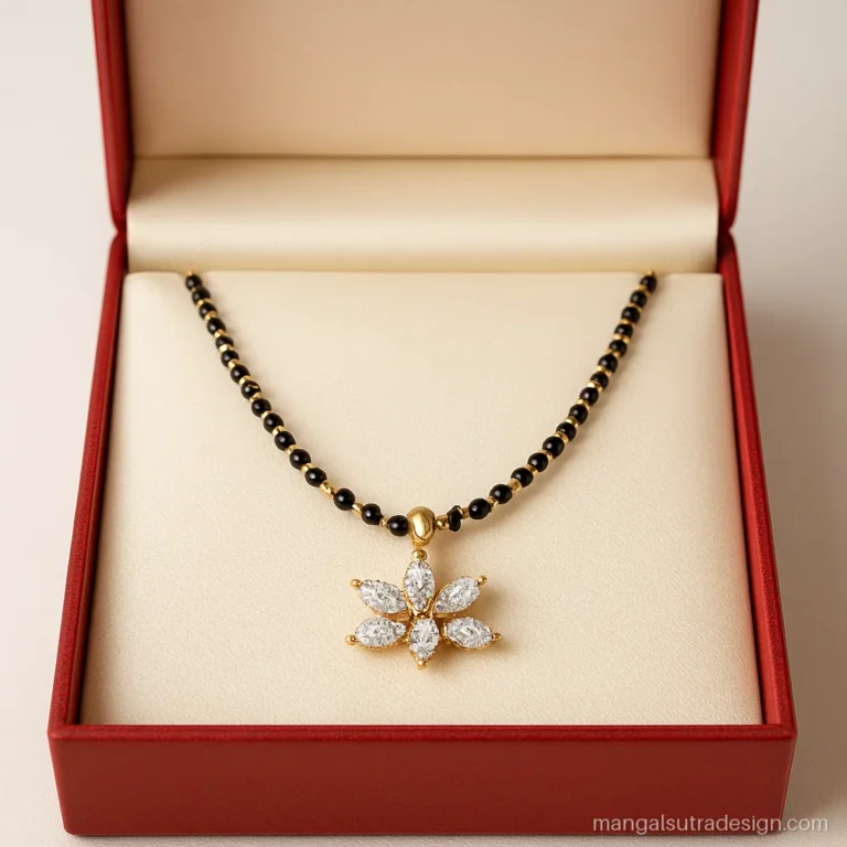 18k gold mangalsutra with a cluster of marquise diamonds in a flower spray