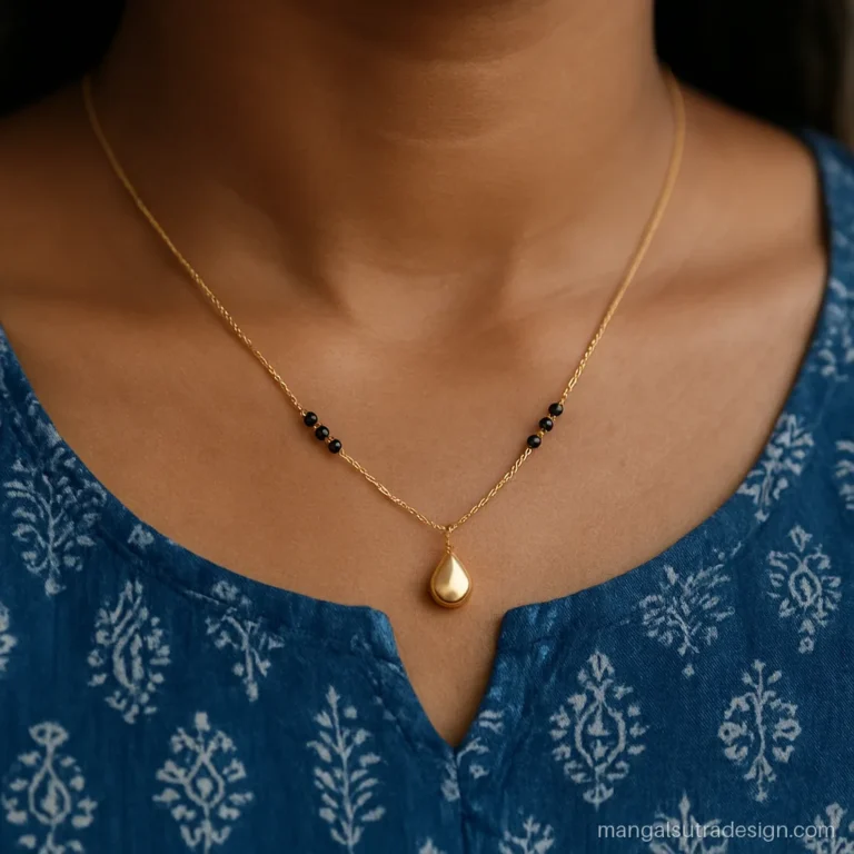 9 carat gold mangalsutra with a polished teardrop pendant worn with a kurti