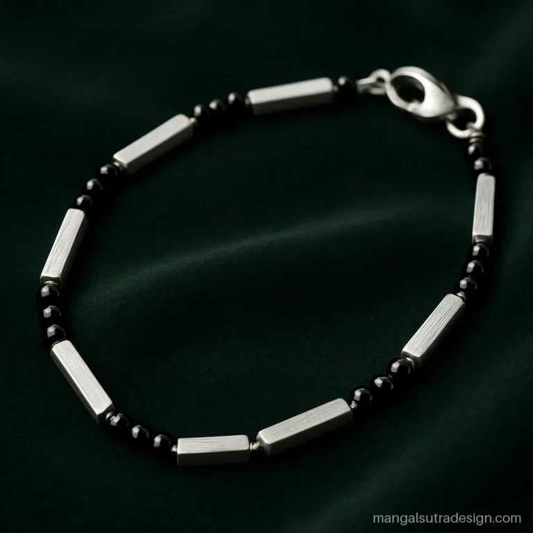 Platinum mangalsutra with brushed platinum bar links and black bead links