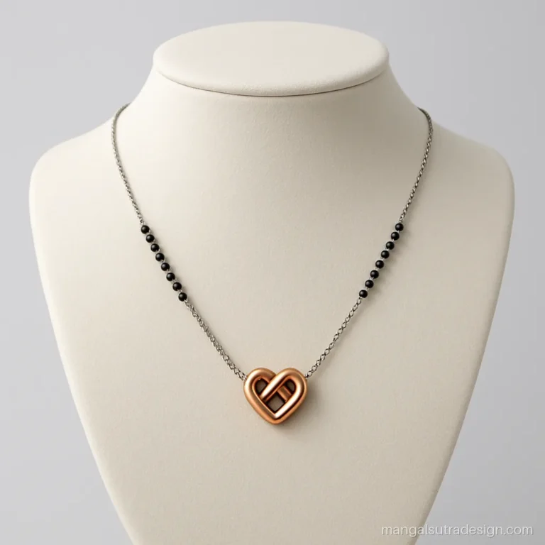 Platinum mangalsutra with a rose gold love knot pendant on black beads