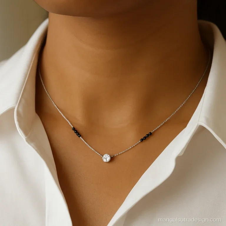 Platinum mangalsutra for women with a solitaire drop worn at the office