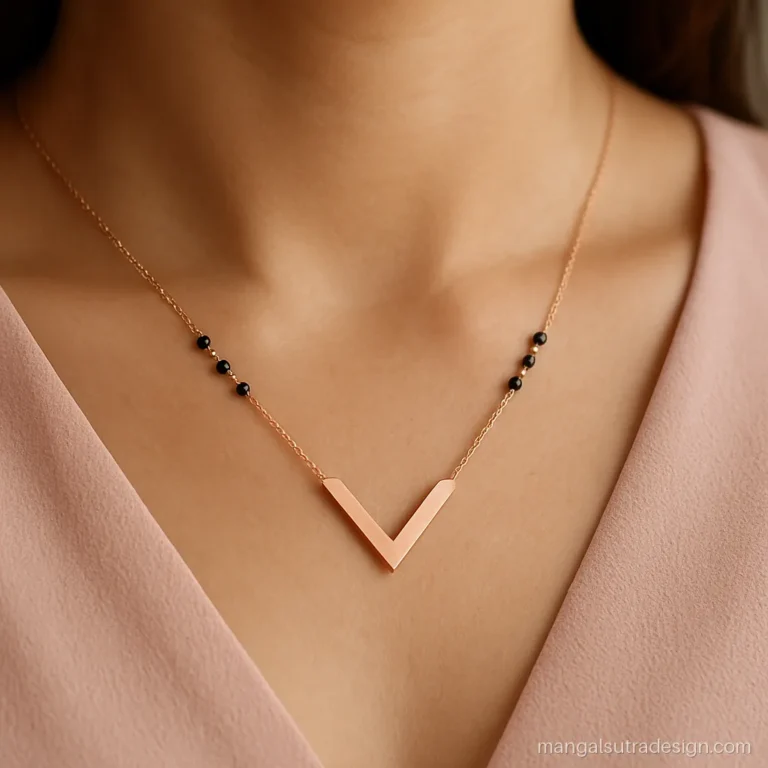 Rose gold mangalsutra with a chevron V pendant worn with a blush pink top