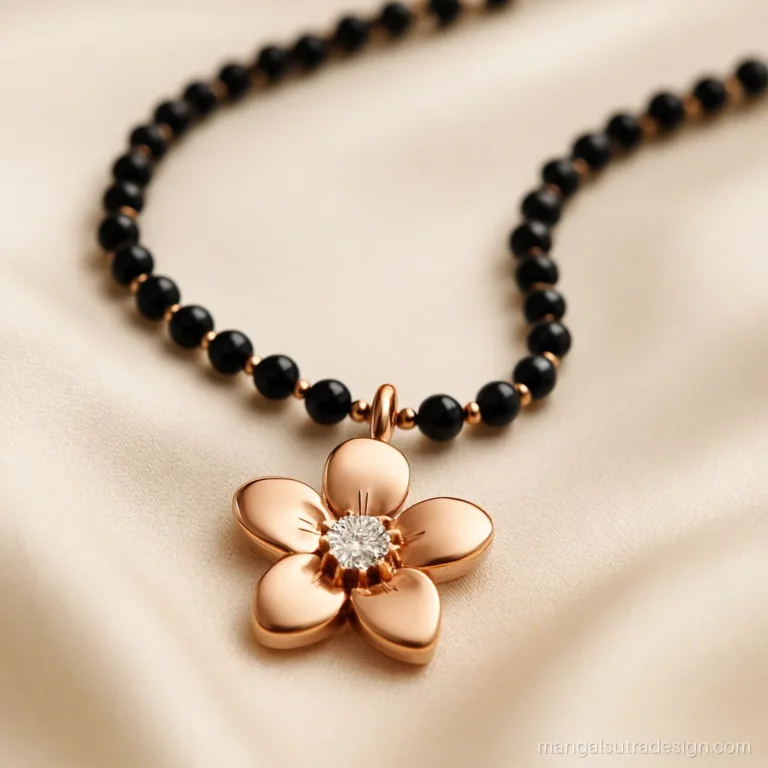 Rose gold mangalsutra design with a petal flower pendant and diamond centre
