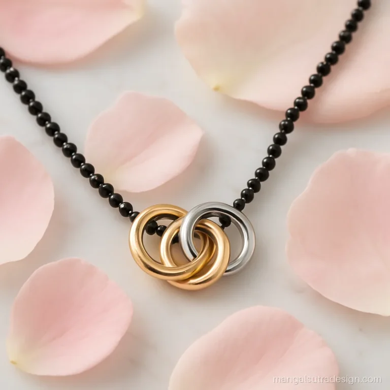 Mangalsutra with three interlinked rings in yellow, rose and white gold