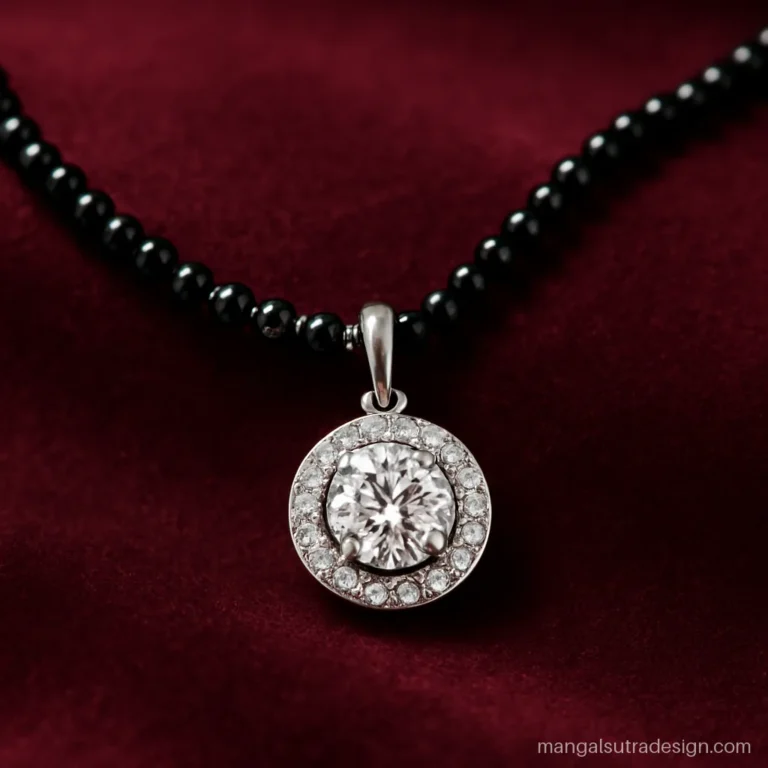 White gold mangalsutra with a round halo pendant of small diamonds