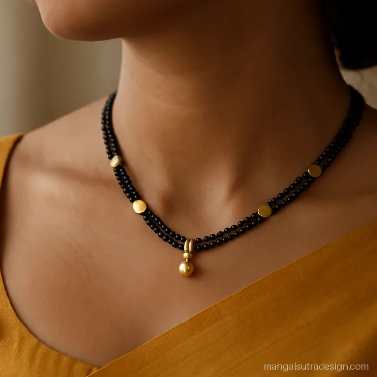 Woman wearing a double strand choker mangalsutra with gold disc spacers and a boat neck blouse