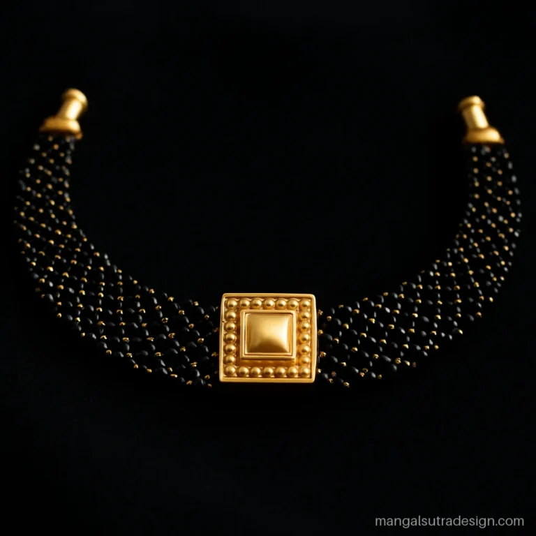 Short choker mangalsutra with black beads woven in a flat net pattern and a gold square centre