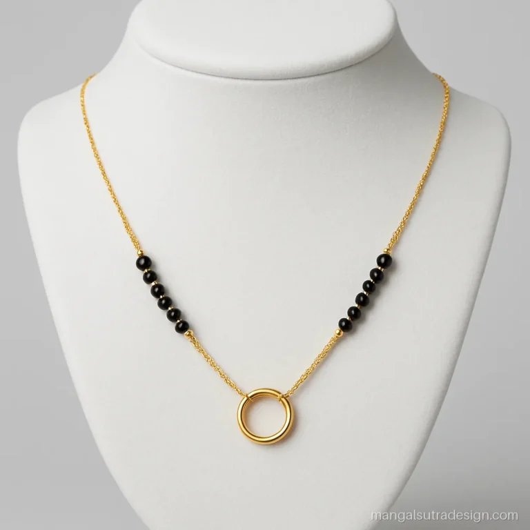 Short mangalsutra gold design with mostly chain, two black bead segments and a small circle