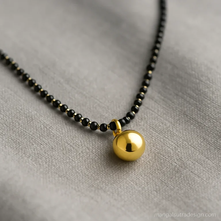 Daily wear short mangalsutra with one tiny gold ball drop on a fine black bead strand