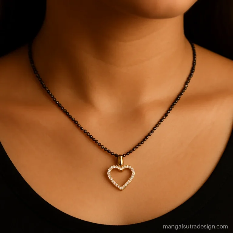 Woman wearing a short mangalsutra with a diamond heart outline pendant with a black dress