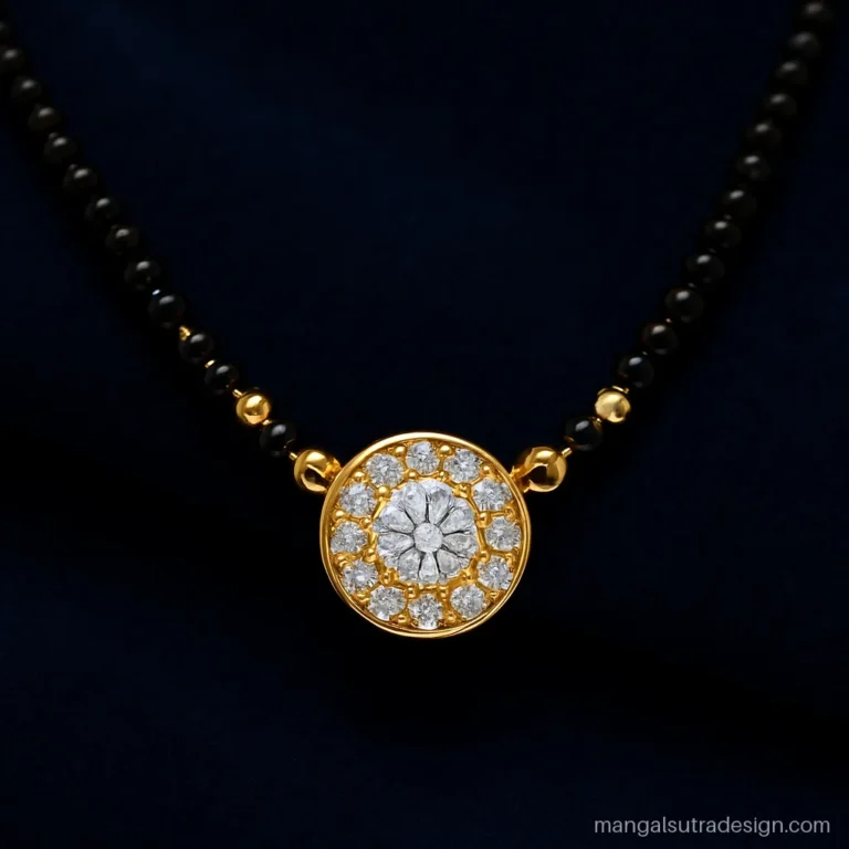 Short mangalsutra with a round diamond halo pendant in yellow gold on black beads