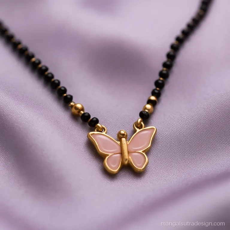 Fancy short mangalsutra design with a gold butterfly pendant and pink enamel wings