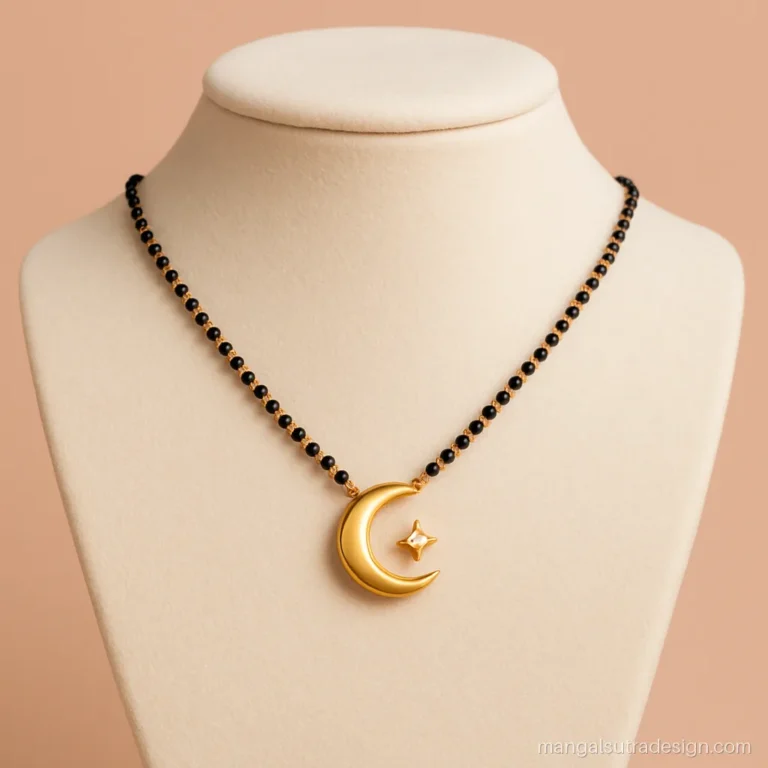 Short fancy gold mangalsutra with a crescent moon and a tiny diamond star pendant