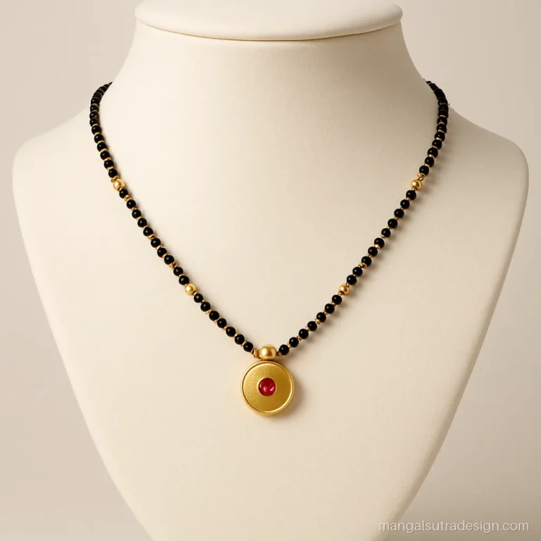 Gold short mangalsutra with gold mani stations and a small round pendant with a ruby dot