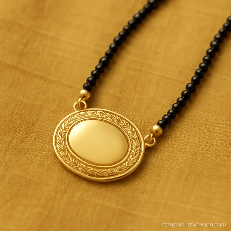 Short gold mangalsutra design with an engraved oval pendant on a single black bead line